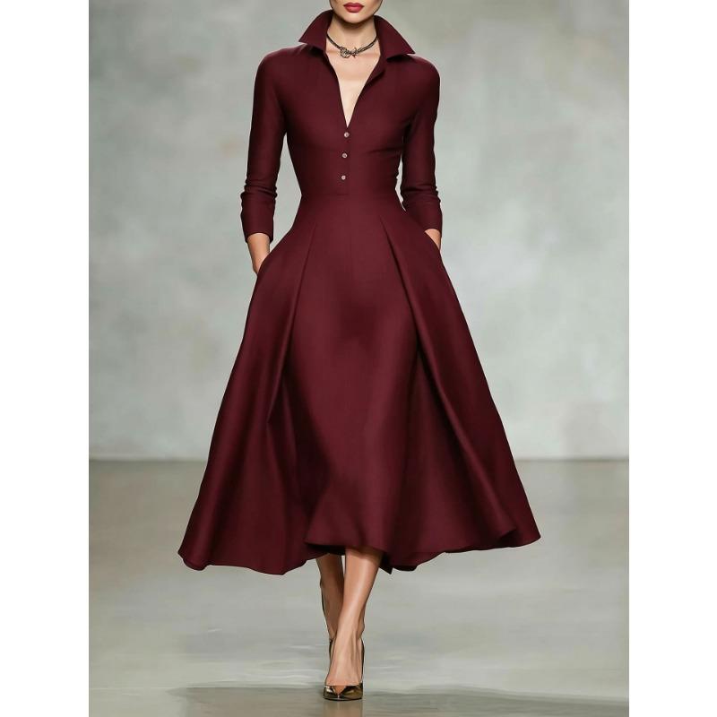 Damen Mode Elegant Taille Enger Umlegekragen Langarm Midi Freizeitkleid