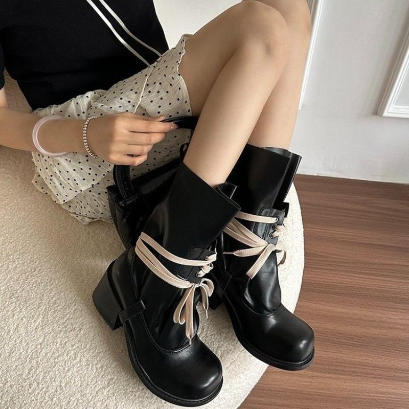 Retro Matte Punk Style Front Lace Up Mid Calf Lady Boots Round Toe Platform All-Match Casual Shoes Size 35-42 Chunky Heel Boots