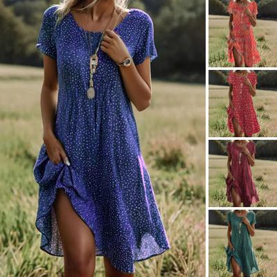 Lady Summer Dress Dot Print Crew Neck Short Sleeves A-line Loose Ethnic Style Big Hem Daily Wear Leisure Midi Dress