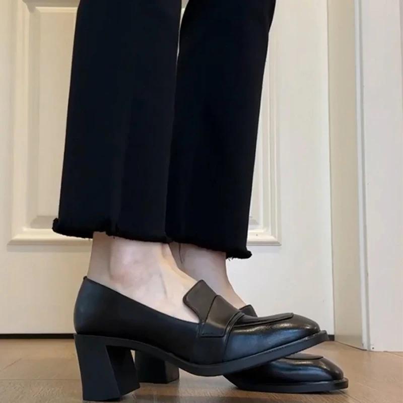 Vintage College Style Women Loafer Shoes Fashion Shallow Slip On Female Elegant Thick Heel Commuting Shoes