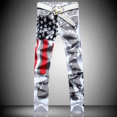 New Fashion Mens American USA Flag Printed Jeans Straight Slim Fit Trousers Casual Jeans Pants for Men