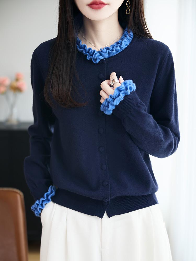 

Темно-синий бархатный вязаный кардиган с оборками - Женский свитер с длинным рукавом для осени/зимы M темно-синий