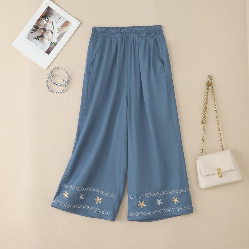 ZANZEA Women Casual Elastic Waist Loose Embroidery Print Cropped Pants