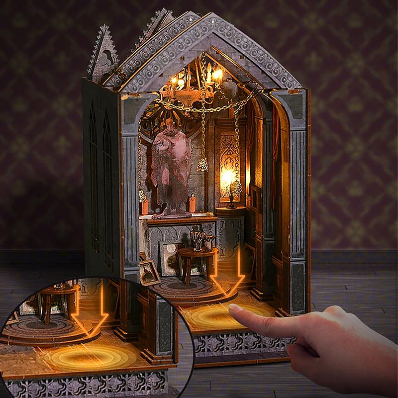 Bookshelf Set Micro Assembly Model Gothic Architecture Doll House DIY Handmade Toy Set with Lights For Adult Biethday Gifts