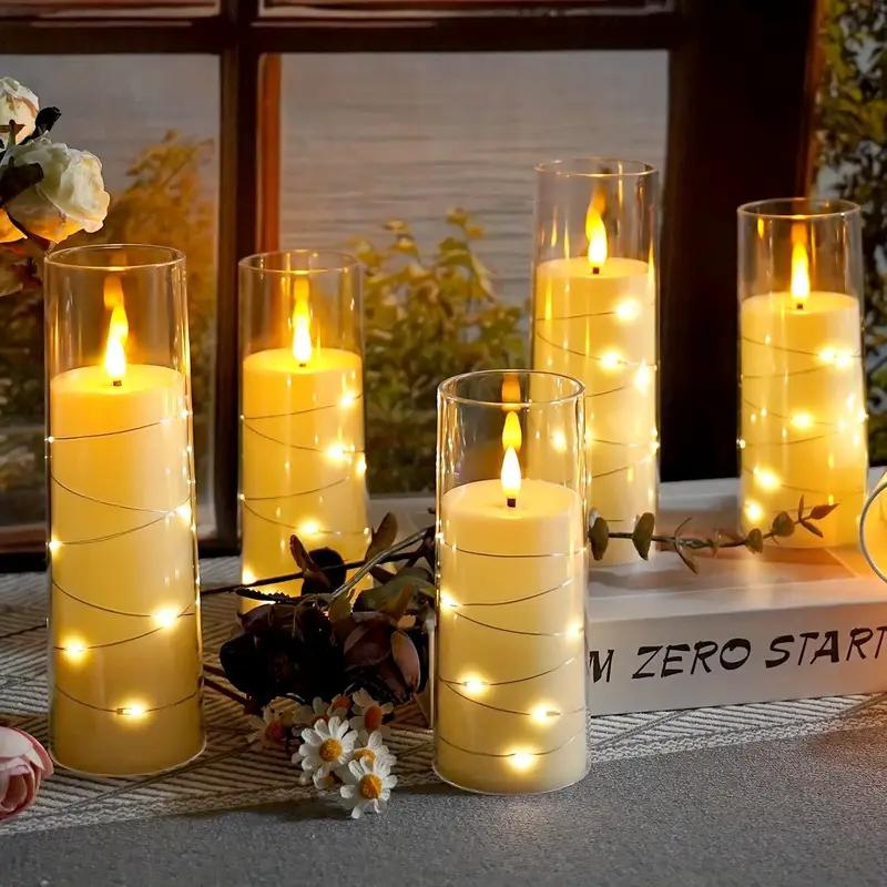 Flameless Battery Operated Candles 5pcs Acrylic Flicker LED Flame Cylinder Remote Control Star String Lights Built In Home Decor