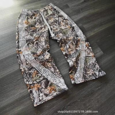 Vintage High Street Overalls Leaf Camouflage Functional Chinese Cotton Striped Wide Leg Pants Loose Casual Pants