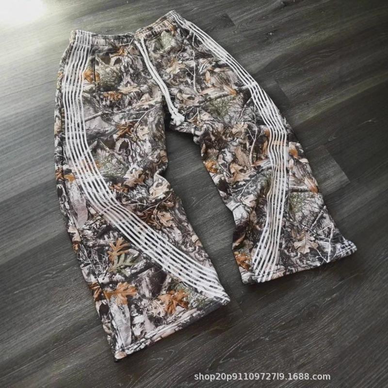 Vintage High Street Overalls Leaf Camouflage Functional Chinese Cotton Striped Wide Leg Pants Loose Casual Pants