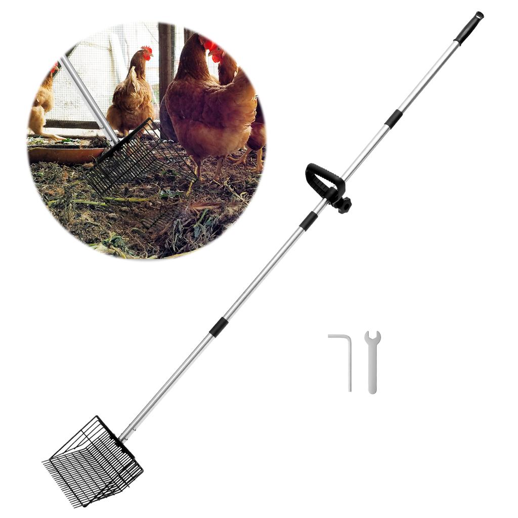 Metal Chicken Poop Scooper and Rake 2 In 1 with Adjustable Stainless Steel Handle Litter Screening Scoop for Pet Waste Cleaning