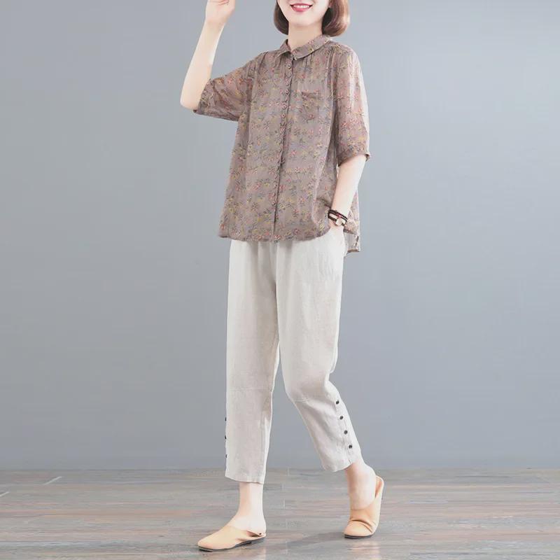 Női 2023 Nyári Virágos Rövid Ujjú Pamut Vászon Kétrészes Szett - Laza Szabású, Karcsúsító Koreai Stílusú Ruha