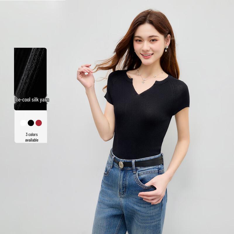 Women s V-Neck Slim Fit Short Sleeve Knit Top S