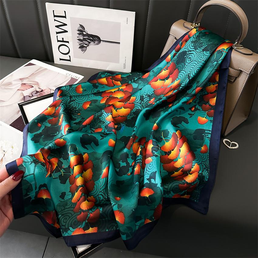 Elegant Purple Flower-Printed Silk Scarf Women Satin Neckerchief Versatile Headwear Bag Clothing And Accessories Square Scarf