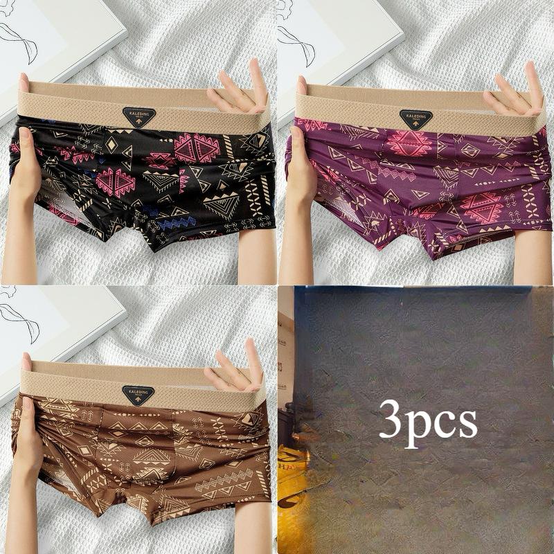 3pcs American Men's Underwear Retro Men's Underwear Ice Silk Breathable Flat Corner Pants Printed Four Corner Pants Boxer Brief