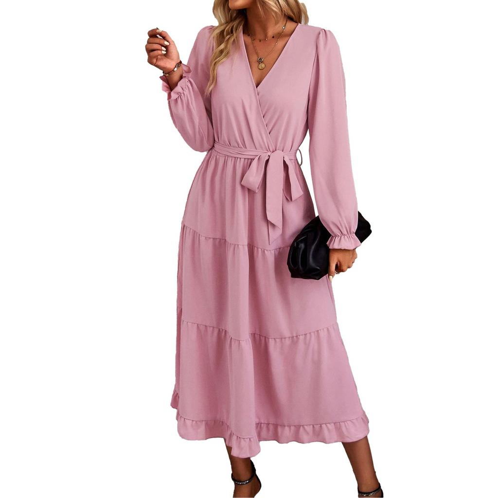 Dress For Women Long Boho Beach Dress Elegant Maxi Dress V-Neck Long Sleeve Dress With Pockets