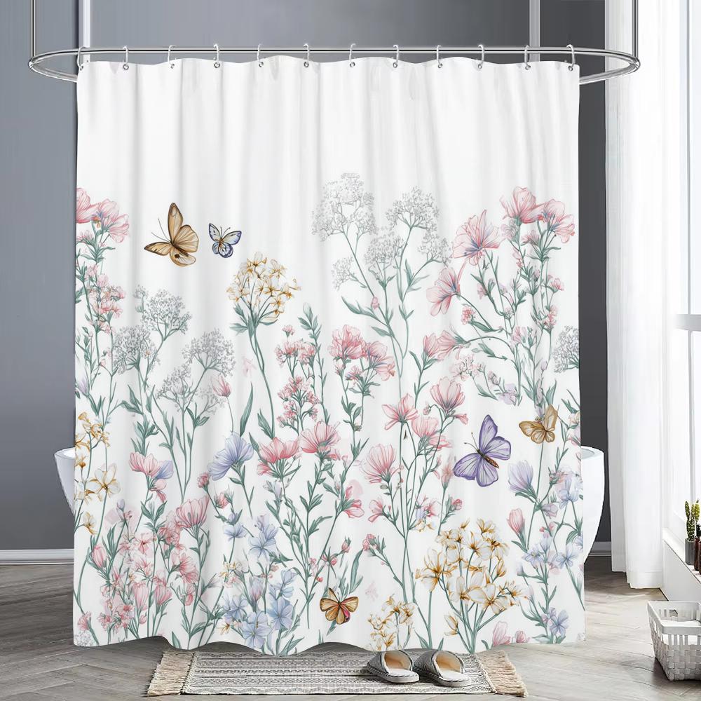 

Purple Flowers And Butterflies Shower Curtain, Bathroom Decorative Shower Curtain, Waterproof Shower Curtain With Hooks W60H190(CM)-1 Pcs