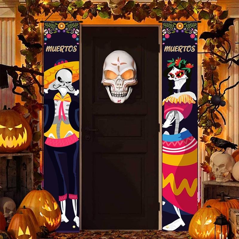 Halloween Ghost Skeleton Couplet 2 Pieces Sign Banner Ornaments Indoor for Day Of The Dead Mexican Outdoor Decor Door Curtain