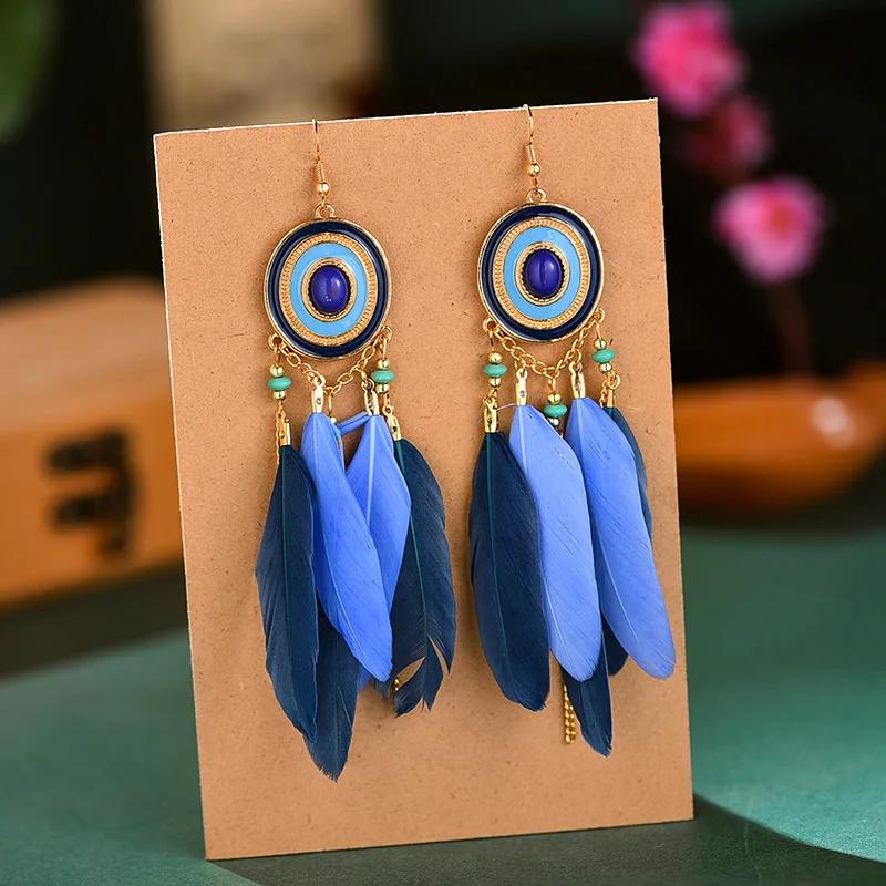 

Богемные красочные серьги-подвески с перьями для женщин, этнические длинные серьги-кисточки с цепочкой, ювелирное украшение для отпуска для девушек