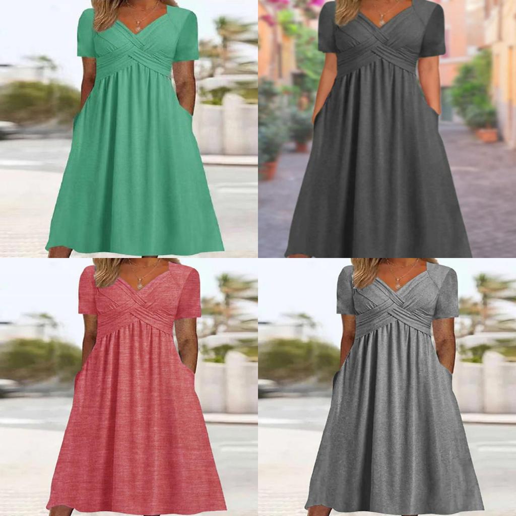 Casual Fall Solid Color V Neck Short Sleeve Dress With Pockets For Women