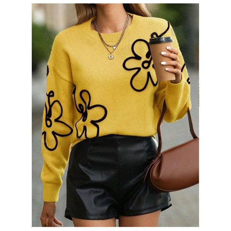 Women S Crew Neck Long Sleeve Flower Jacquard Knit Pullover Sweater