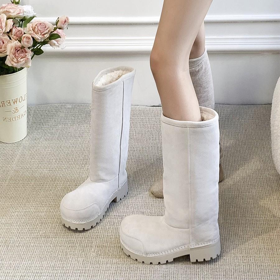 Kuskinnversjon~ Varm huhu tykksålet stygge storhodet snøstøvler dame høst og vinter varm saueskinnspels integrert lange støvler