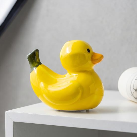 Whimsical Duck Statue for Office Ceramic Fruit Figurine, Cute Strawberry & Banana Decor Statue, Creative Desktop Home Bedroom Gift Friends