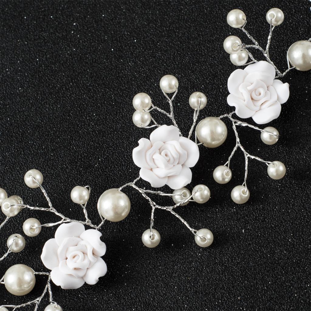 Bridal White Flower Headband Soft Ceramic Rose Headdress Pearls Hair Vine for Banquet Wedding Masquerade