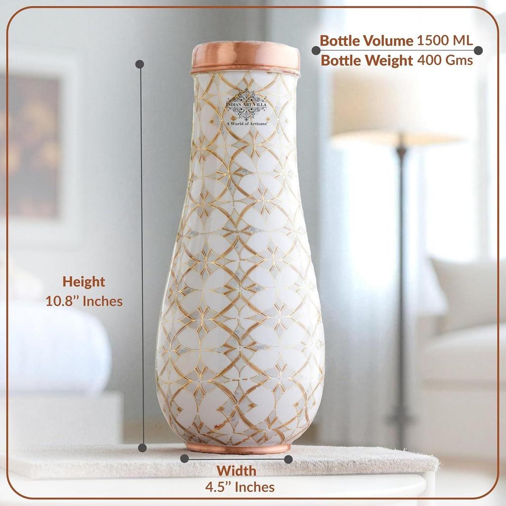Copper Gold Block Print Bedroom Bottle – Designer Drinkware, Stylish Copper Water Bottle for Home Use, Volume- 1500 ML