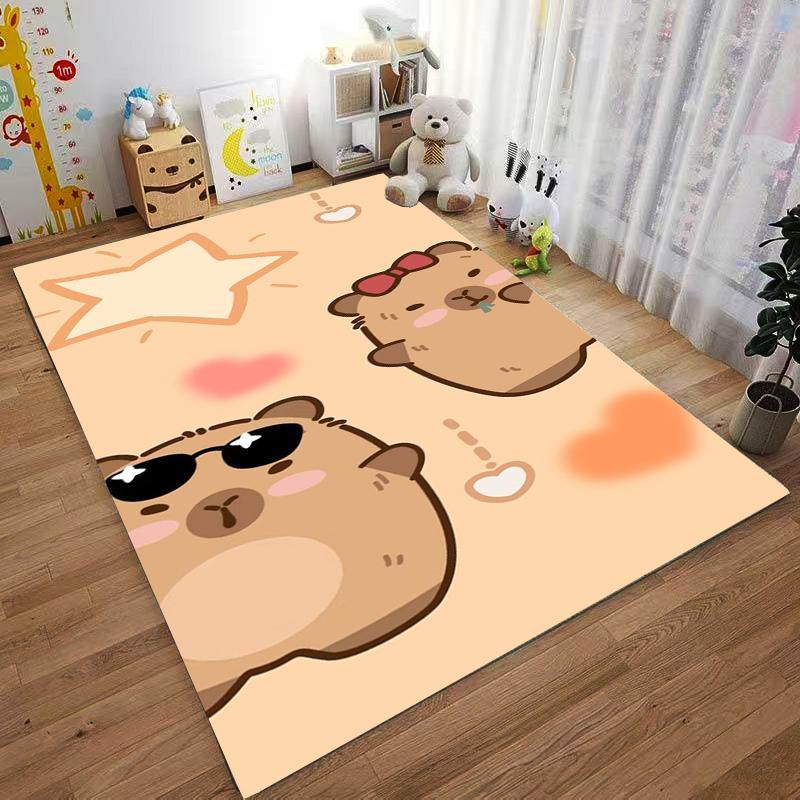 Cute Cartoon Carpet with Bear Couple, Peach Background, Star Design Suitable for use as an anti-slip for living room bedroom sofas