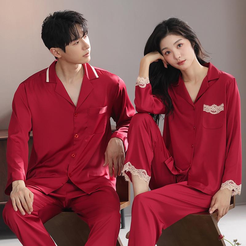 Wedding red pajamas female newlyweds spring and autumn ice silk long-sleeved natal men's loungewear suit new