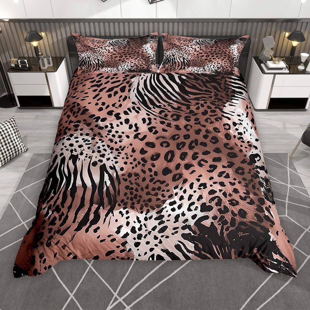 Homewish Pink Blue Gray Leopard Print Duvet Cover Set, Aesthetic Cheetah Printed Quilt Cover Set, Animal Theme Bedding Set