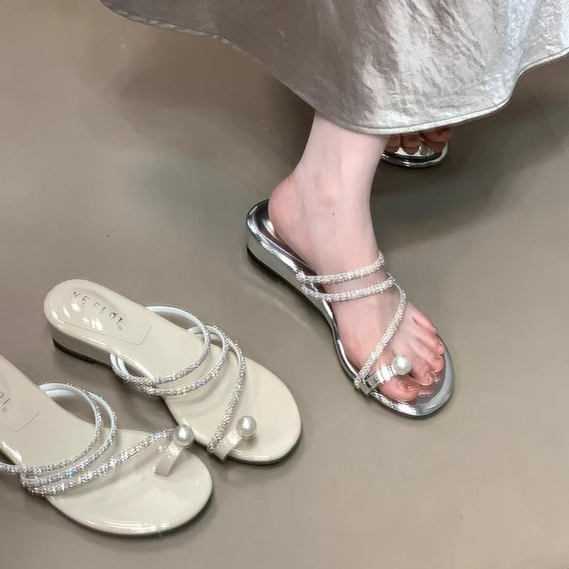 French wedge heel silver toe slippers summer pearl outer wear temperament beautiful rhinestone women's pinch sandals sandals