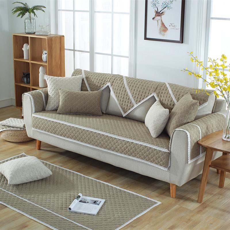 New Linen Solid Color Quilted Simple Fabric Sofa Cushion Cushion Non-Slip Sofa Cover