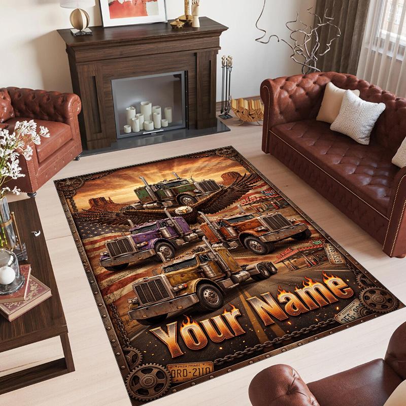 Truck Theme Crystal Velvet Rug Personalized Custom Name Text Soft Floor Mat Home Decor