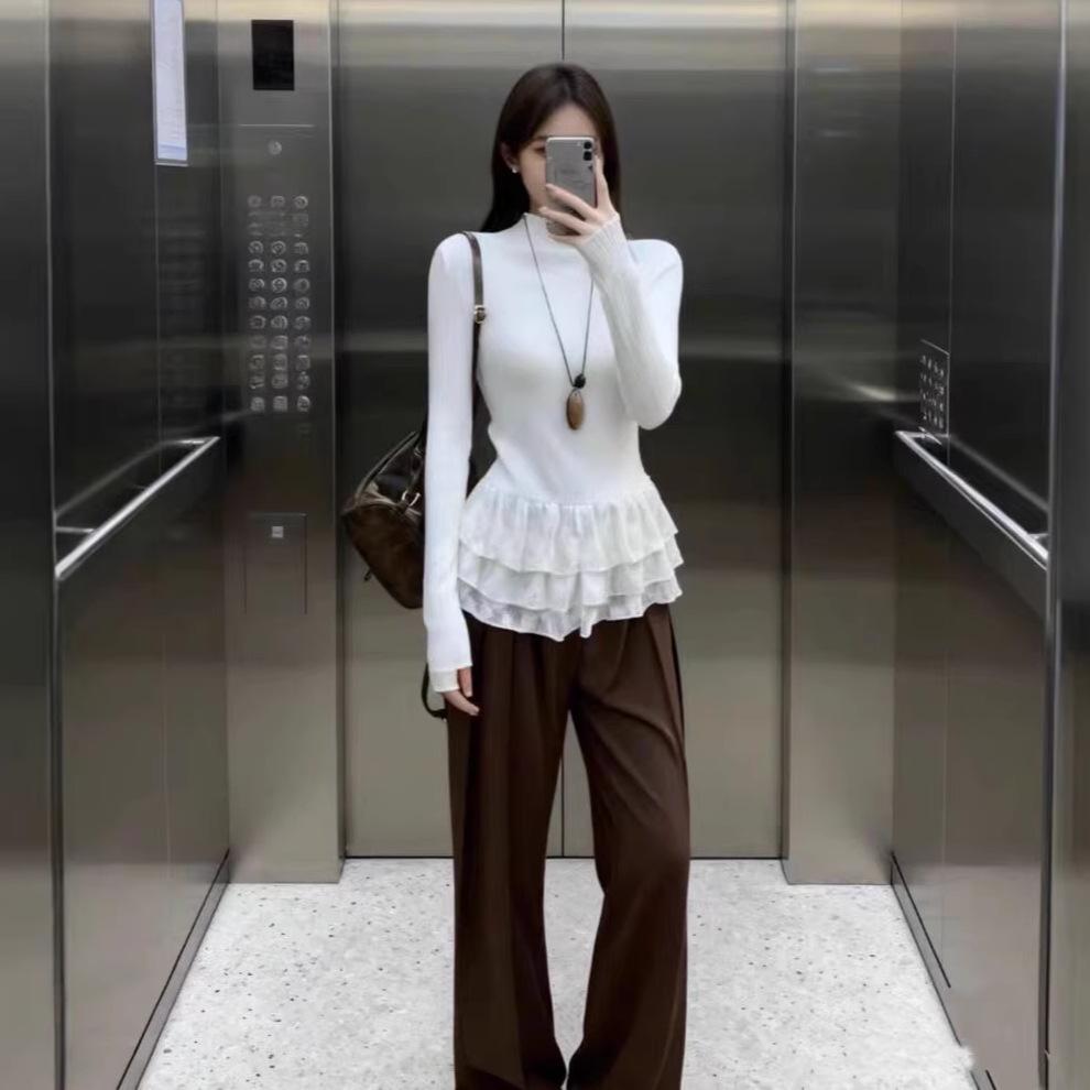 Women's Warm Half-High Collar Long-Sleeve T-Shirt with Lace Trim