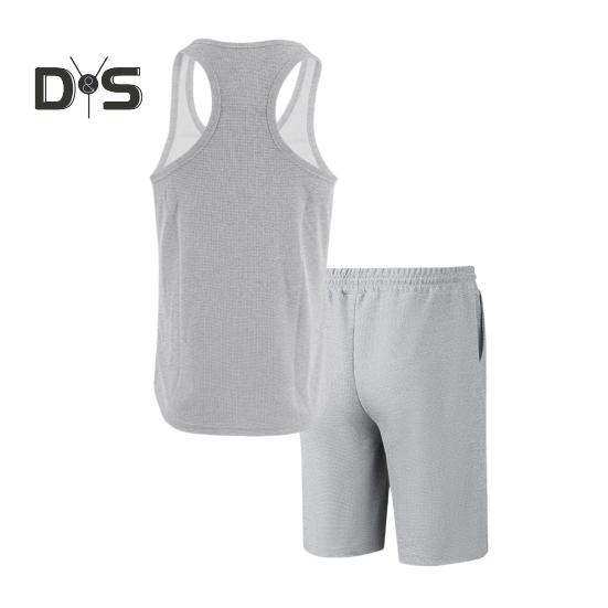 2Pcs/Set Men Sportswear Waffle Fabric Solid Color O-Neck Sleeveless Vest Elastic Waist Wide Leg Shorts Suit Casual Wear