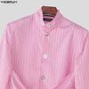 INCERUN Men Stand Neck Long Sleeve Striped Splits Irregular Hem Long Tunic Shirts Tops