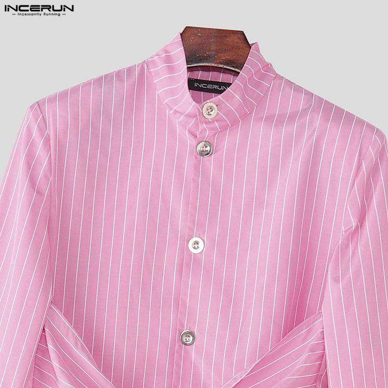 INCERUN Men Stand Neck Long Sleeve Striped Splits Irregular Hem Long Tunic Shirts Tops