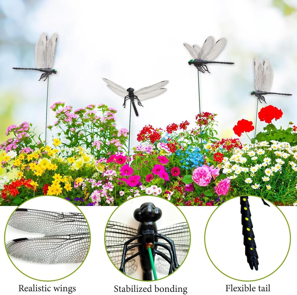 10 Pcs Decorative Stakes, Lifelike 3D Big Dragonflies PVC Dragon Fly Garden Stake for Indoor Outdoor Yard Balcony Plant Flower Pot Decor