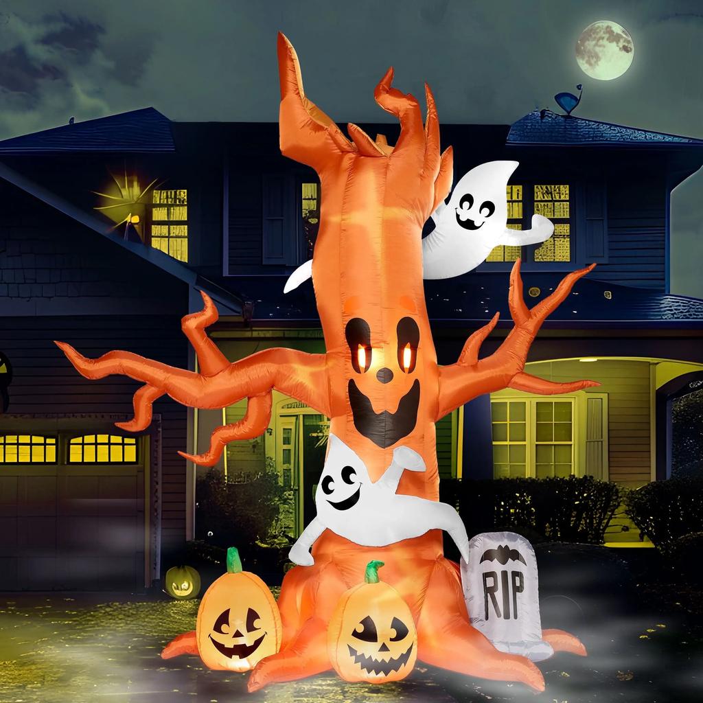 Joyfy Halloween Inflatable 8 FT Scary Tree Halloween Tree with Ghost and Build-in LEDs Blow up Yard Halloween Inflatables