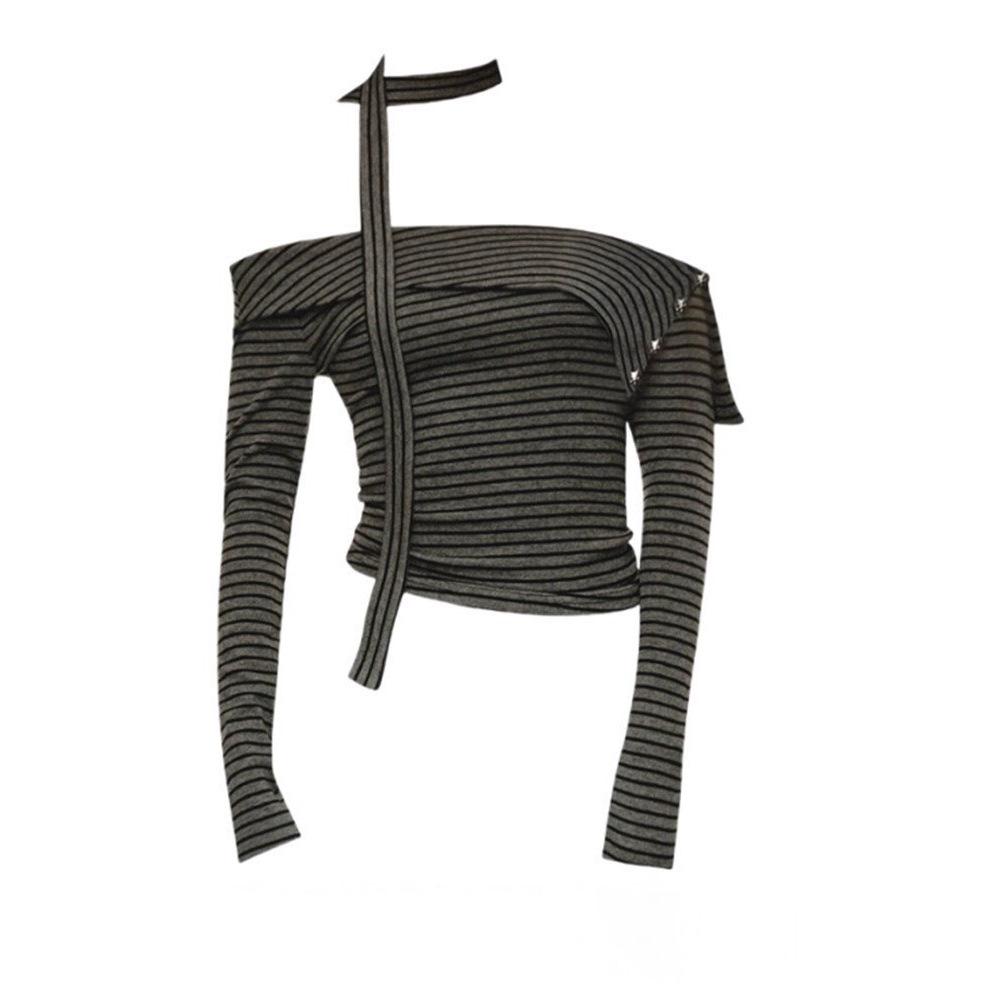 American Retro Striped One-Shoulder Long-Sleeve T-Shirt for Women - Autumn Slim-Fit Base Layer Small