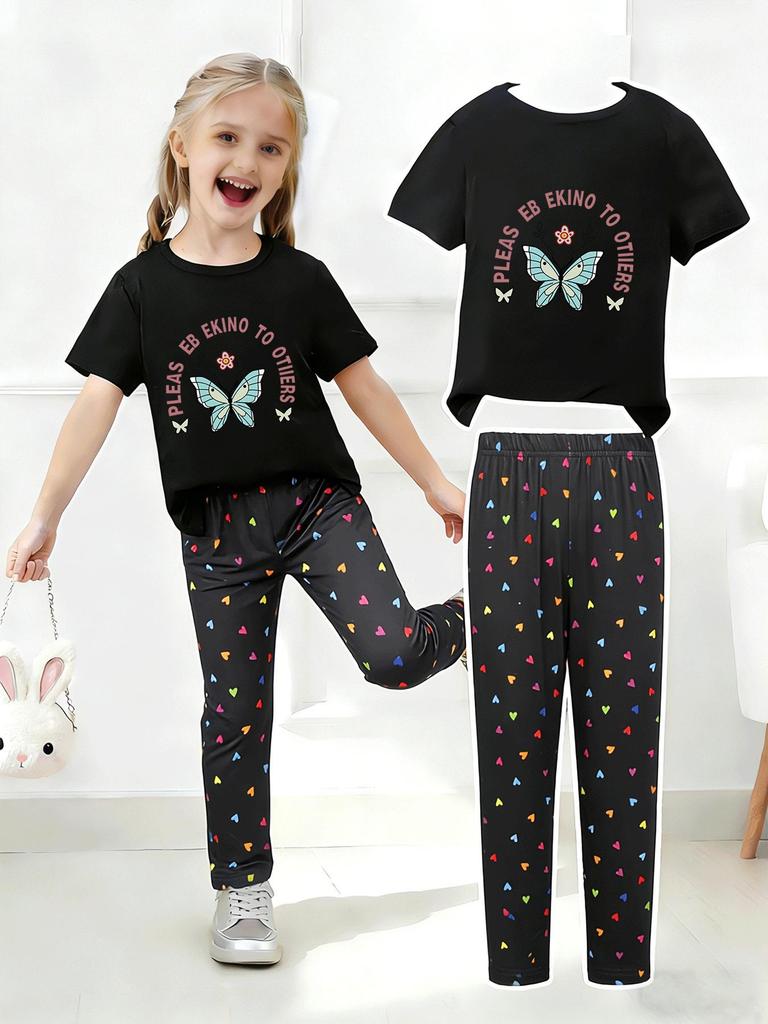 Girls' Summer Casual Short-Sleeve Long Pants Set - European & American Print