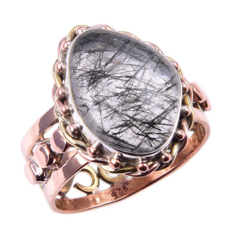 Natural Black Rutile Gemstone 925 Sterling Silver Jewelry Two Tone Ring S.9 z7J63