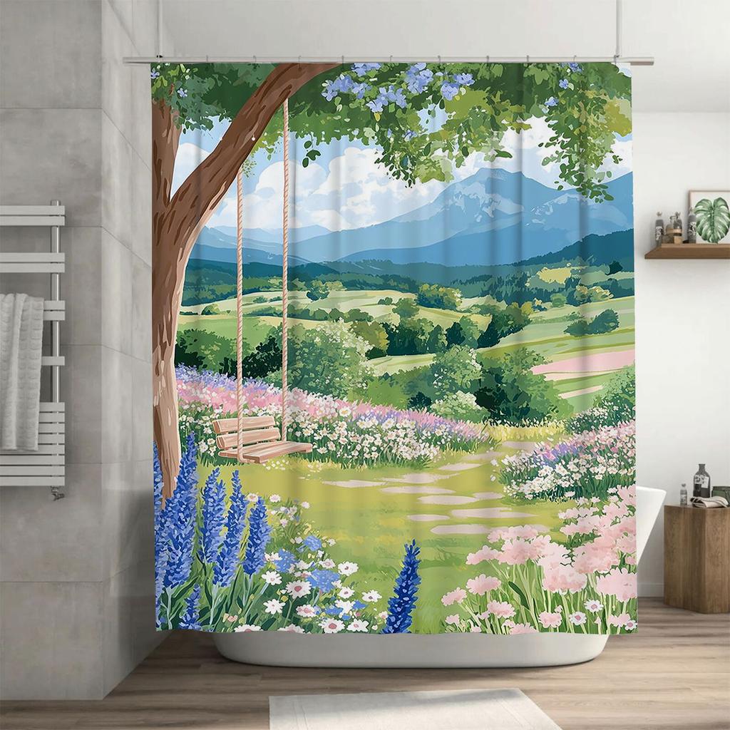 Scenic Landscape with Swing Waterproof Shower Curtain Heat Resistant Machine Washable Non-Transparent 180x180cm