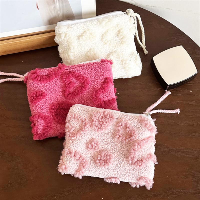 Cute Sweet Lambswool Love Heart Cosmetic Bag Large Capacity Travel Portable Girl Makeup Storage Bag Toiletry Bag Clutch Bag Gift