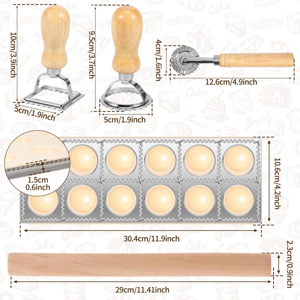 5Pcs Ravioli Maker Mold Set 12 Hole Ravioli Press Maker with Roller Wheel Wood Rolling Pin Pasta Cutter Stamp Dumpling Mould