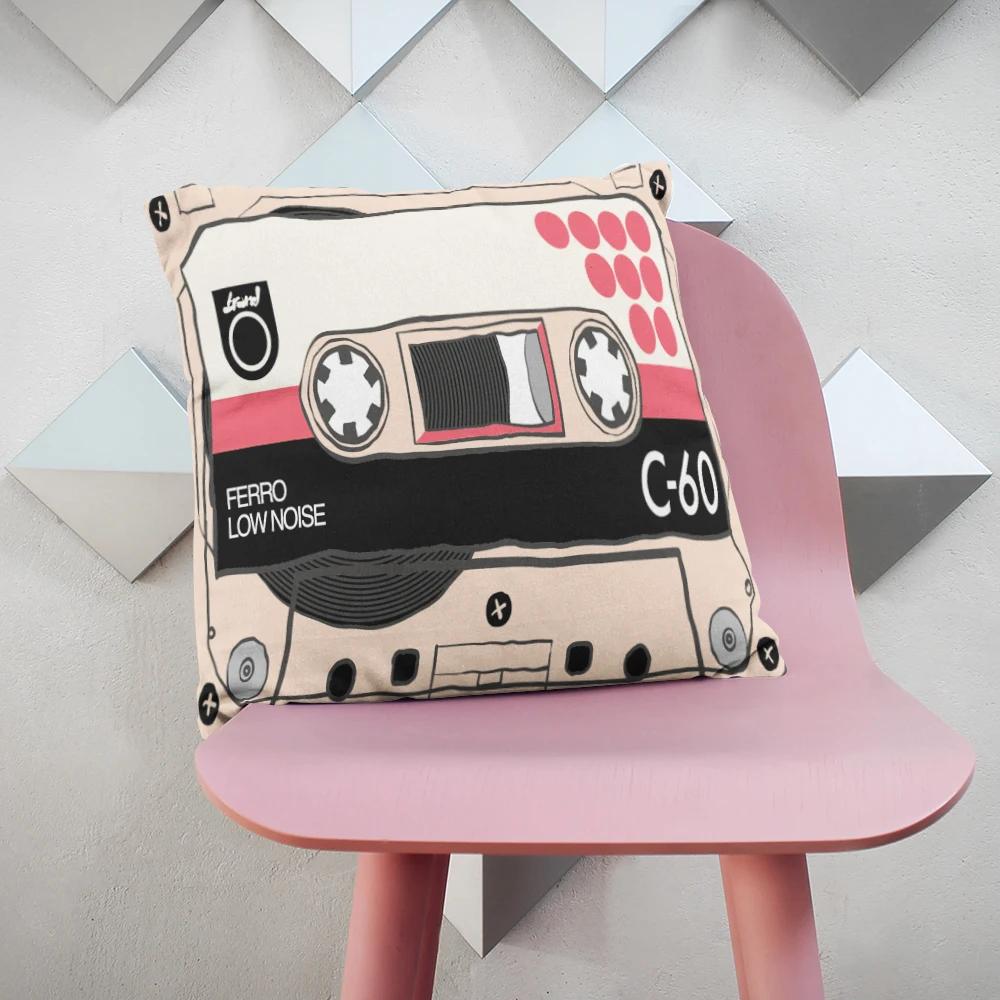 Fun Decorative Pillow Cover With Music Tape Print Cute Kawaii Camera Sofa Bedside Cushion Cover Short Plush Zipper Pillowcase