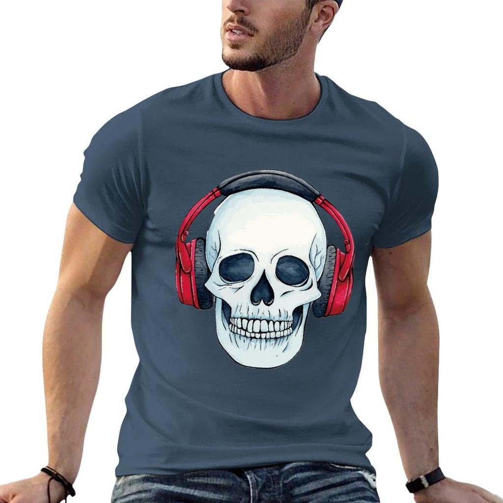 Neues Totenkopf mit Kopfhörern T-Shirt Sweatshirts schwarze T-Shirts niedliche Oberteile Herren Grafik-T-Shirts Hip Hop