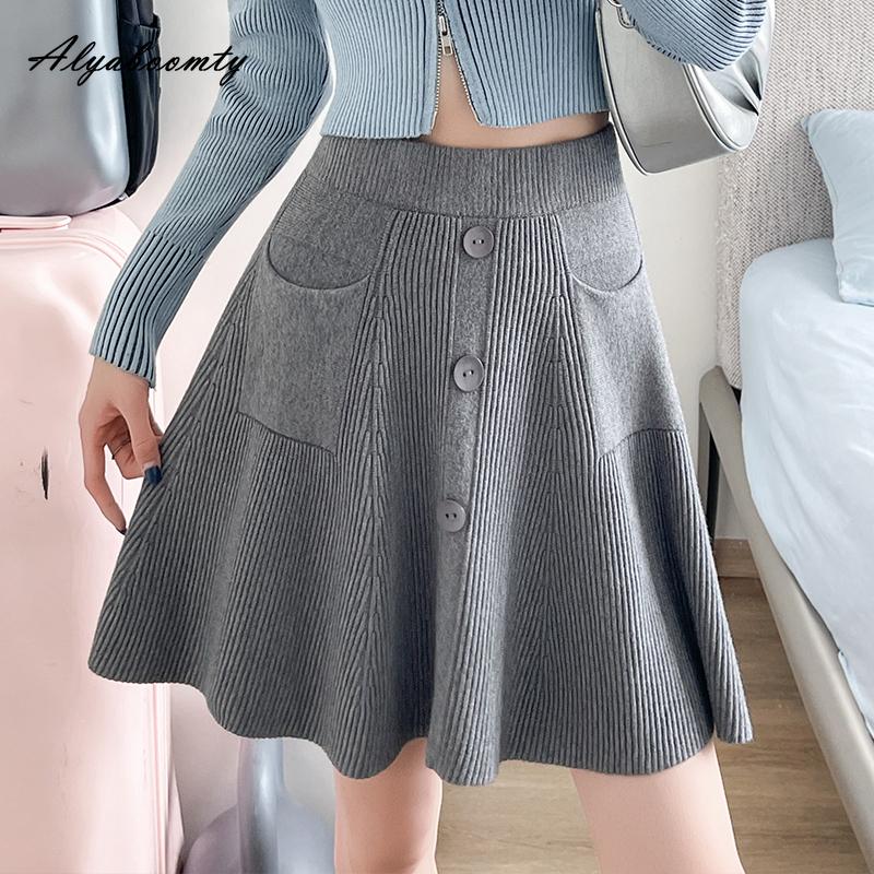 Autumn Winter Women Mini Knitting Skirt High Waist Beige Gray Black Knitted Short Skirt Sweet Buttons High Waist Warm Skirt With Pockets