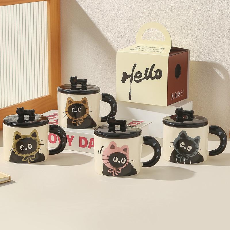 Cute Hat Cat Mug with Lid Cute Cartoon Animal Ceramic Cup Office Home Coffee Water Cup
