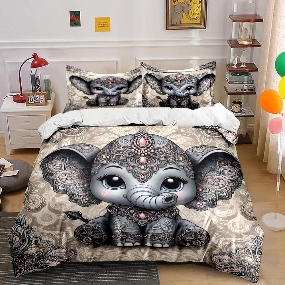Ornate elephant cartoon design. Print Bedding Set 1 Duvet Cover 2 Pillowcases for Adult and Children Luxury Gift Full Size