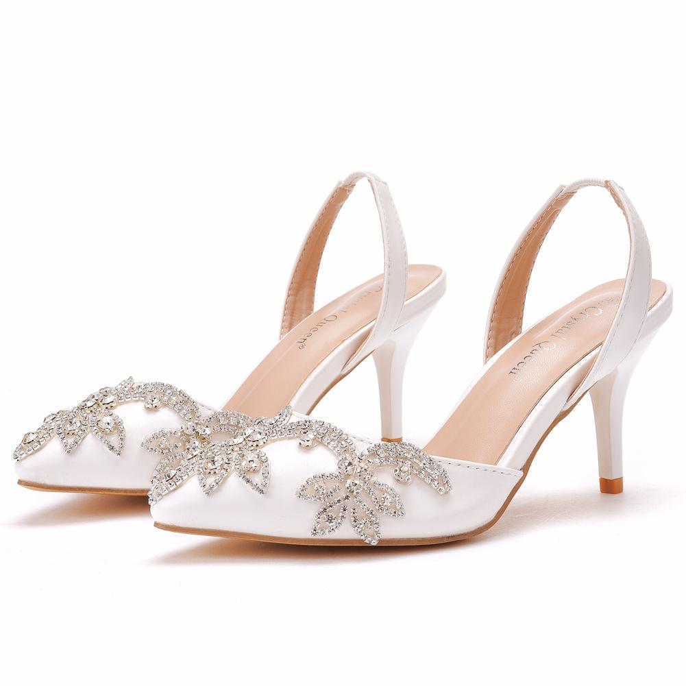 7cm Shallow Tip Toe White Wedding Sandals Thin Heels Small Size Rhinestone Chain Wedding Shoes Bride Wedding Photo Shoes